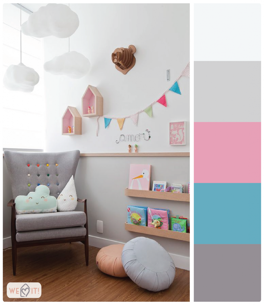 Um quarto com muito amor, charme e cores delicadas, perfeito pra um quarto de bebê.